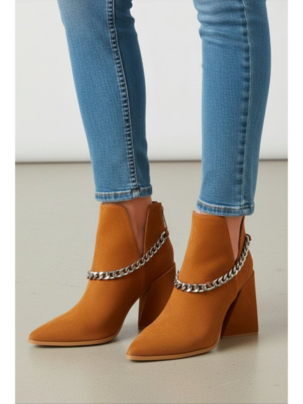 Tan Faux Suede Pointed Toe Ankle Boots With Chain Accent & Zipper Closure